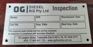 Laser etched metal compliance plate with serial number produced in Townsville