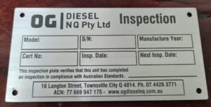 Laser etched metal compliance plate with serial number produced in Townsville